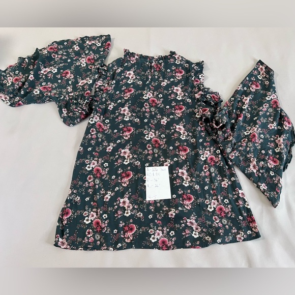 Ro & De Anthropologie Blouse Floral Green Long Bell Sleeve Off Shoulders Small - Picture 10 of 11